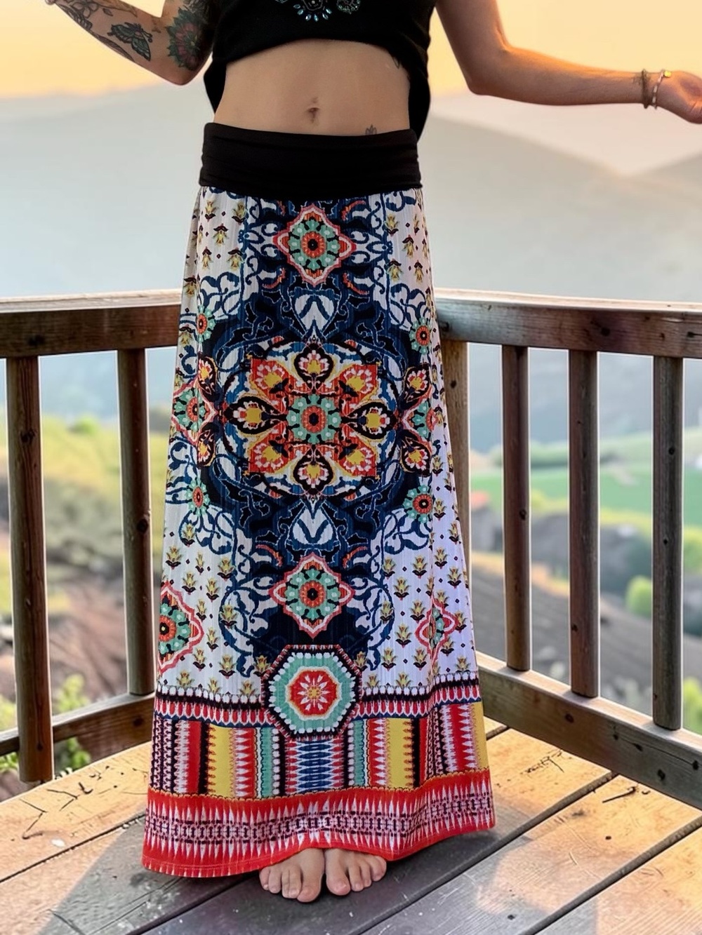 VTG Y2K Boho Maxi Skirt with Colorful Medallion Print - Black Waistband
